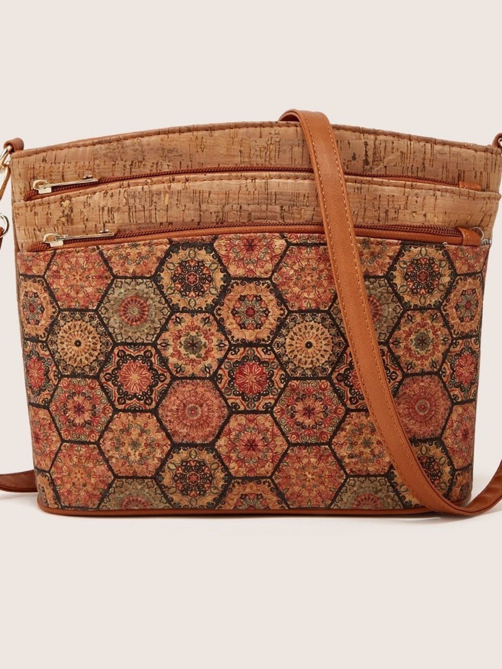 Boho Cork Hexagon Pattern Crossbody Bag Shoulder Bag Floral Design New No Tags